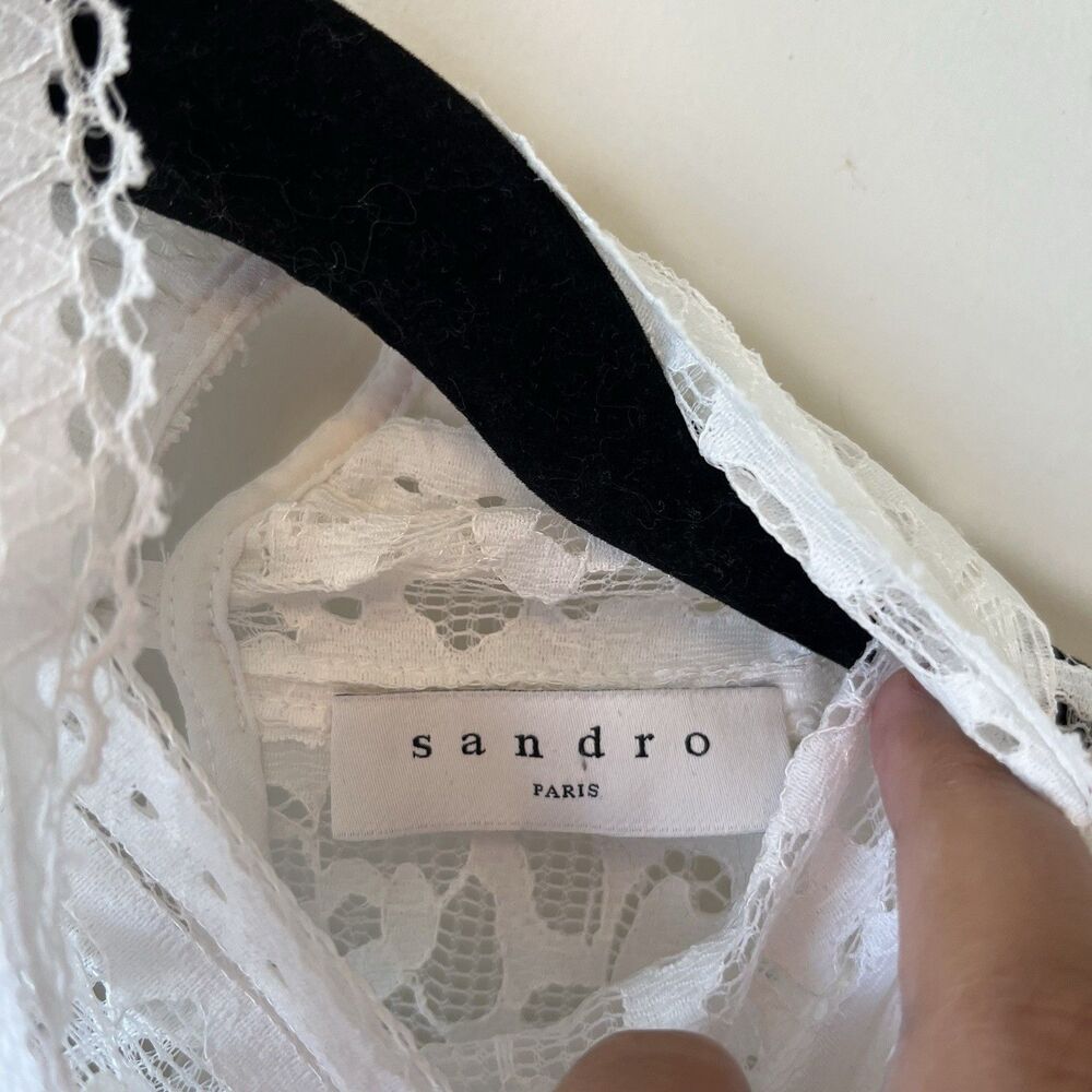 Sandro Paris Hamia White Floral Lace Blouse High Neck Quiet Luxury Size 1/Small - Picture 12 of 16